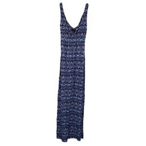Aqua Tribal Print Maxi Dress Sleeveless Stretch Long Dress Navy Blue Women Sz XS